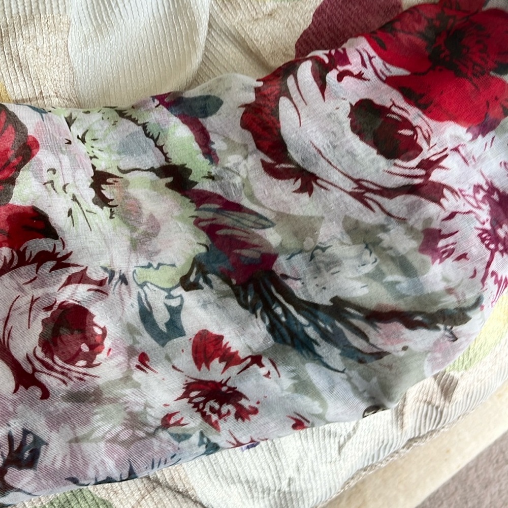 Beautiful lightweight scarf in colors of red greens, teal and white cream, new w
